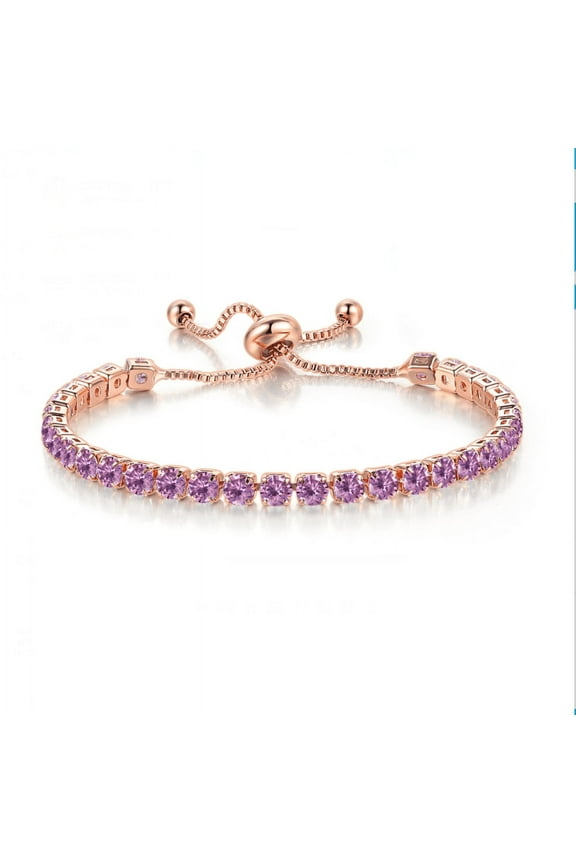 10k Rose Gold 7 Cttw Created Amethyst Round Adjustable Tennis Plated Bracelet, Purple