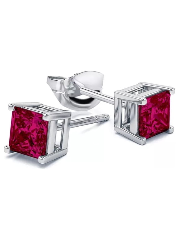 Paris Jewelry 10k White Gold 1/2 Ct Princess Cut Created Ruby Stud Earrings Plated