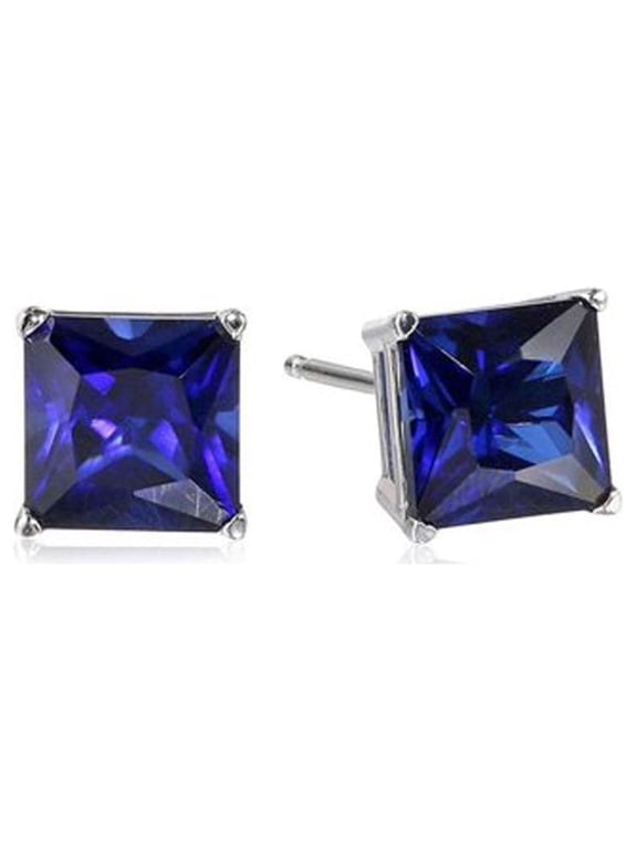 18k White Gold 1 Carat Square Cut Created Blue Sapphire Stud Earrings for Woman Plated by Paris Jewelry
