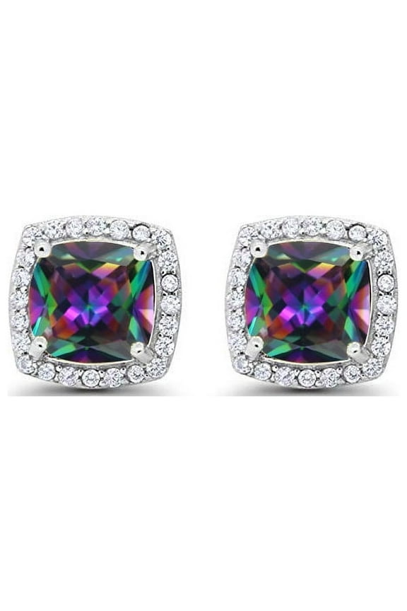 10k White Gold 1 Ct Created Halo Princess Cut Mystic Topaz Stud Earrings Plated