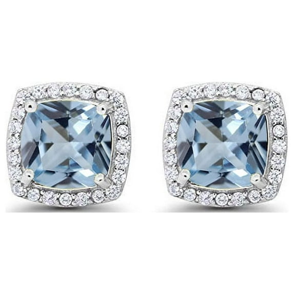 Paris Jewelry 10k White Gold 2 Ct Created Halo Princess Cut Aquamarine Stud Earrings Plated