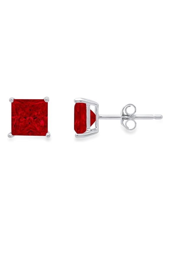 10k White Gold 2 Ct Square Created Ruby Stud Earrings Plated by Paris Jewelry