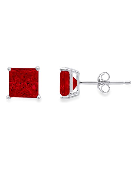 10k White Gold 2 Ct Square Created Ruby Stud Earrings Plated by Paris Jewelry