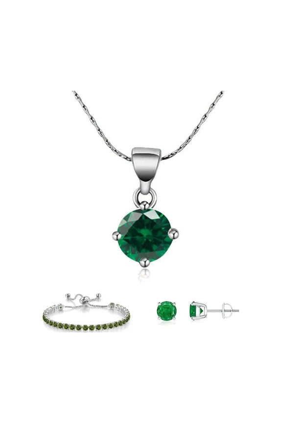 10k White Gold Created 6 Ct Round Plated Emerald Necklace, Earrings, Bracelet Set by Paris Jewelry