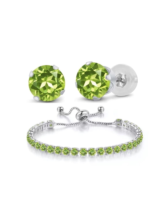 10k White Gold 7 Ct Created Peridot Round Adjustable Tennis Bracelet and Earrings Set Plated