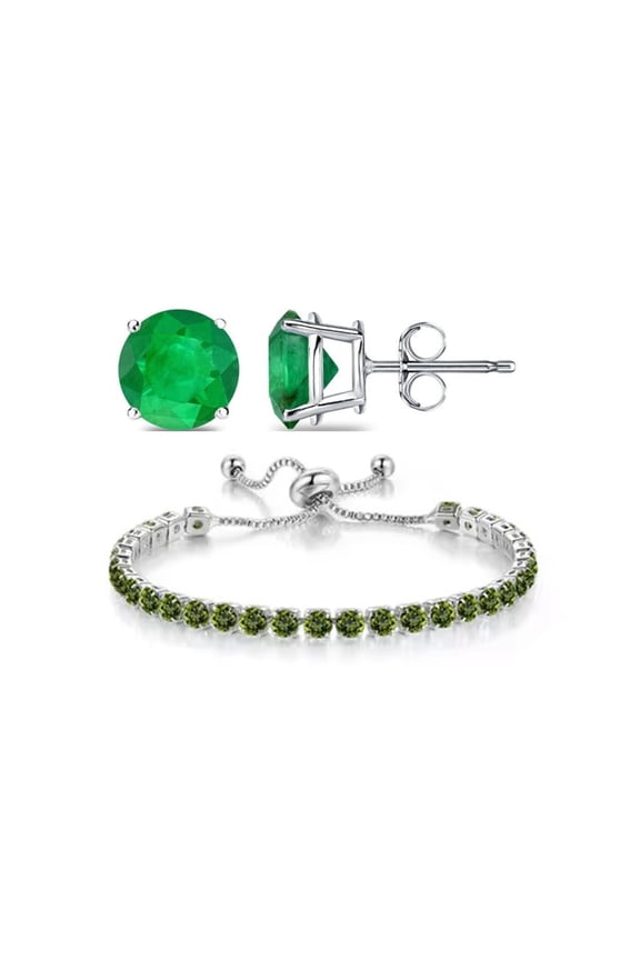 18k White Gold 7 Ct Emerald Round Adjustable Tennis Bracelet & Earrings Set Plated by Paris Jewelry