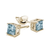 18k Yellow Gold 1 Ct Princess Cut Created Aquamarine Stud Earrings Gift for Women Plated by Paris Jewelry