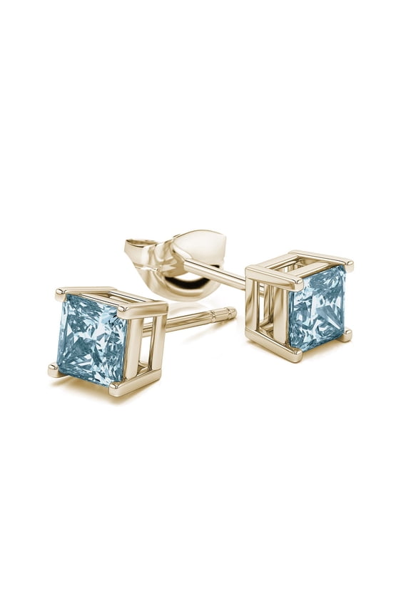 18k Yellow Gold 1 Ct Princess Cut Created Aquamarine Stud Earrings Gift for Women Plated by Paris Jewelry