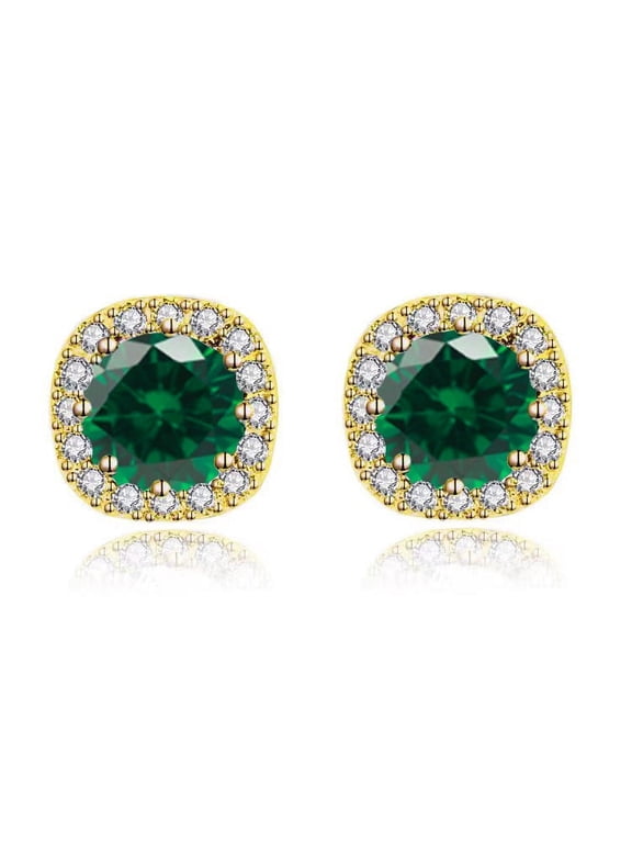 10k Yellow Gold 1 Carat Round Created Emerald Halo Stud Earrings Plated Women