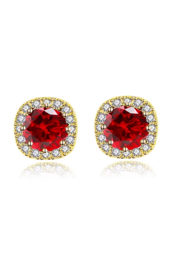 18k Yellow Gold 2 Ct Round Created Ruby Halo Stud Earrings Jewelry Gift for Women Plated