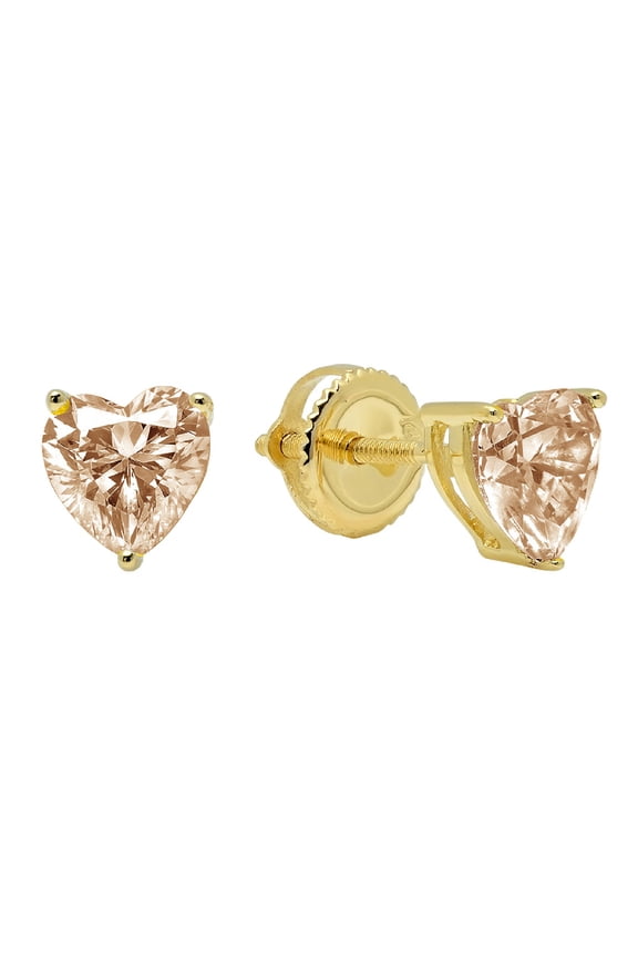 10k Yellow Gold 3 Ct Heart Created Champagne Stud Earrings Plated