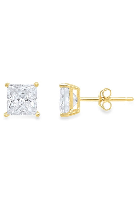 Paris Jewelry 10k Yellow Gold Created White Sapphire 1 Carat Princess Cut Stud Earrings Plated