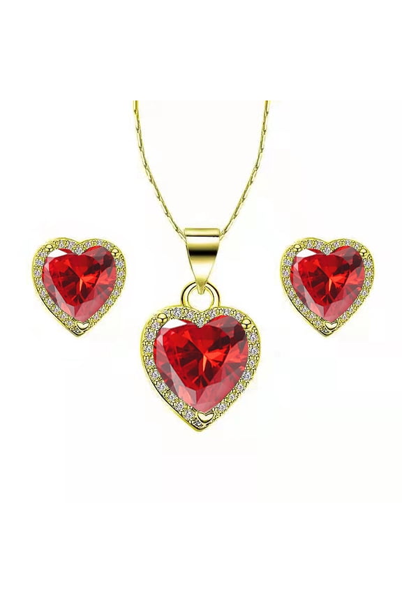 10k Yellow Gold Heart 1/2Ct Created Ruby Full Set Necklace 18 inch Plated