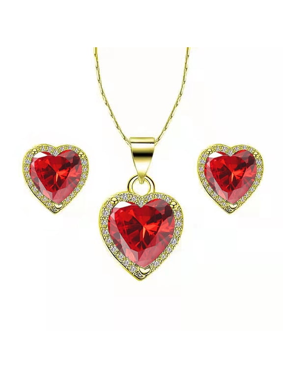 10k Yellow Gold Heart 3Ct Created Ruby Full Set Necklace 18 inch Plated