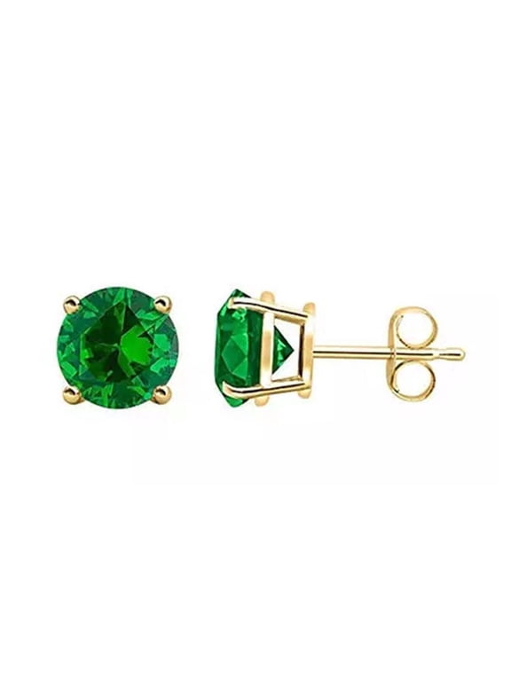 10k Yellow Gold Plated 2 Ct Round Created Emerald Stud Earrings