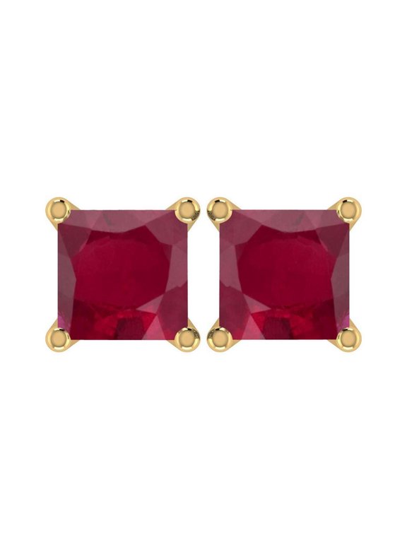 10k Yellow Gold Plated 4 Ct Square Created Ruby Stud Earrings