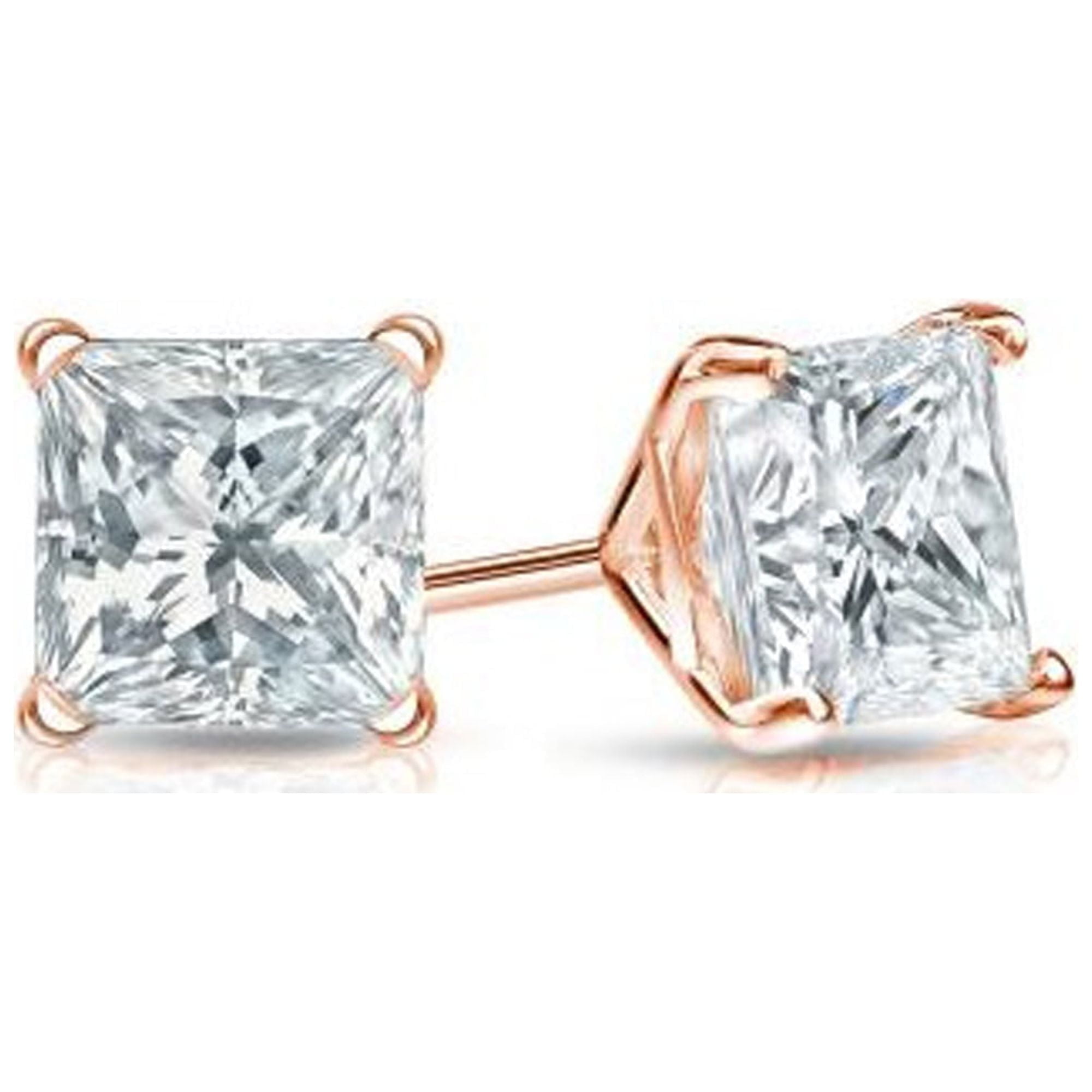 14K Rose Gold 2 Carat Princess Cut Created Diamond Stud Earrings Plated by Paris Jewelry