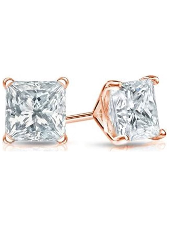 14K Rose Gold 2 Carat Princess Cut Created Diamond Stud Earrings Plated by Paris Jewelry