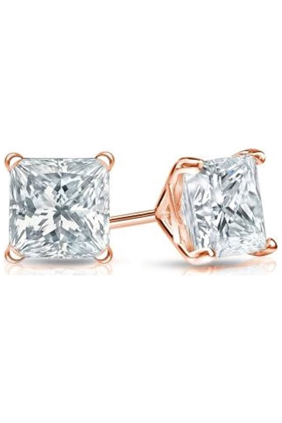 14K Rose Gold 2 Carat Princess Cut Created Diamond Stud Earrings Plated by Paris Jewelry