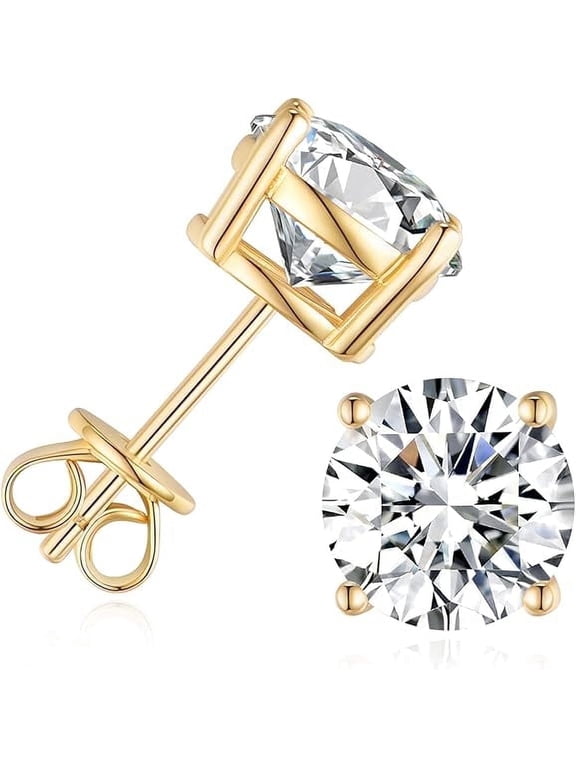 14K Yellow Gold 1 Ct Round Created Diamond Stud Earrings Plated by Paris Jewelry