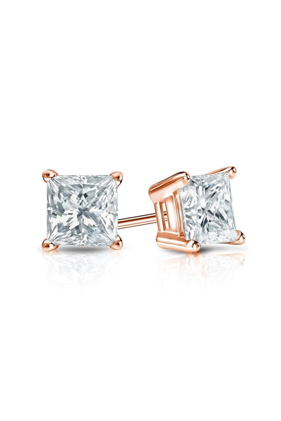 14k Rose Gold Push Back Princess Created Diamond Stud Earrings 4MM Plated by Paris Jewelry