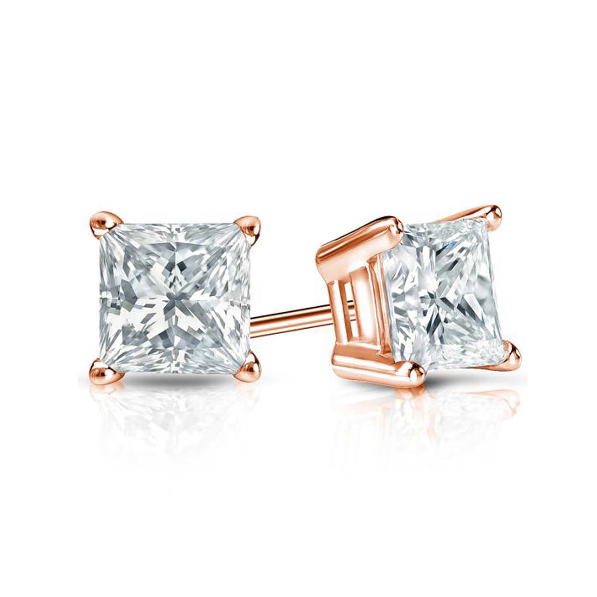 Paris Jewelry 14k Rose Gold Push Back Princess Created Diamond Stud Earrings 4MM