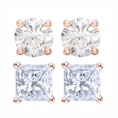 Paris Jewelry 2 Pair 14k Rose Solid Gold White Diamond 1/4, 1/2, 1, 2, 3ct Round Princess Earrings