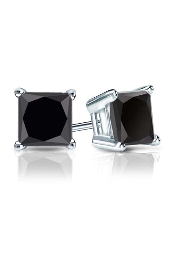 14k White Gold 1/4ct, 1/2ct, 3/4ct, 1ct Created Black Diamond Princess Plated Stud Earrings