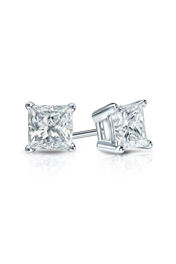 14k White Gold 4mm, 5mm, 6mm, 7mm Created White Diamond Princess Plated Stud Earrings