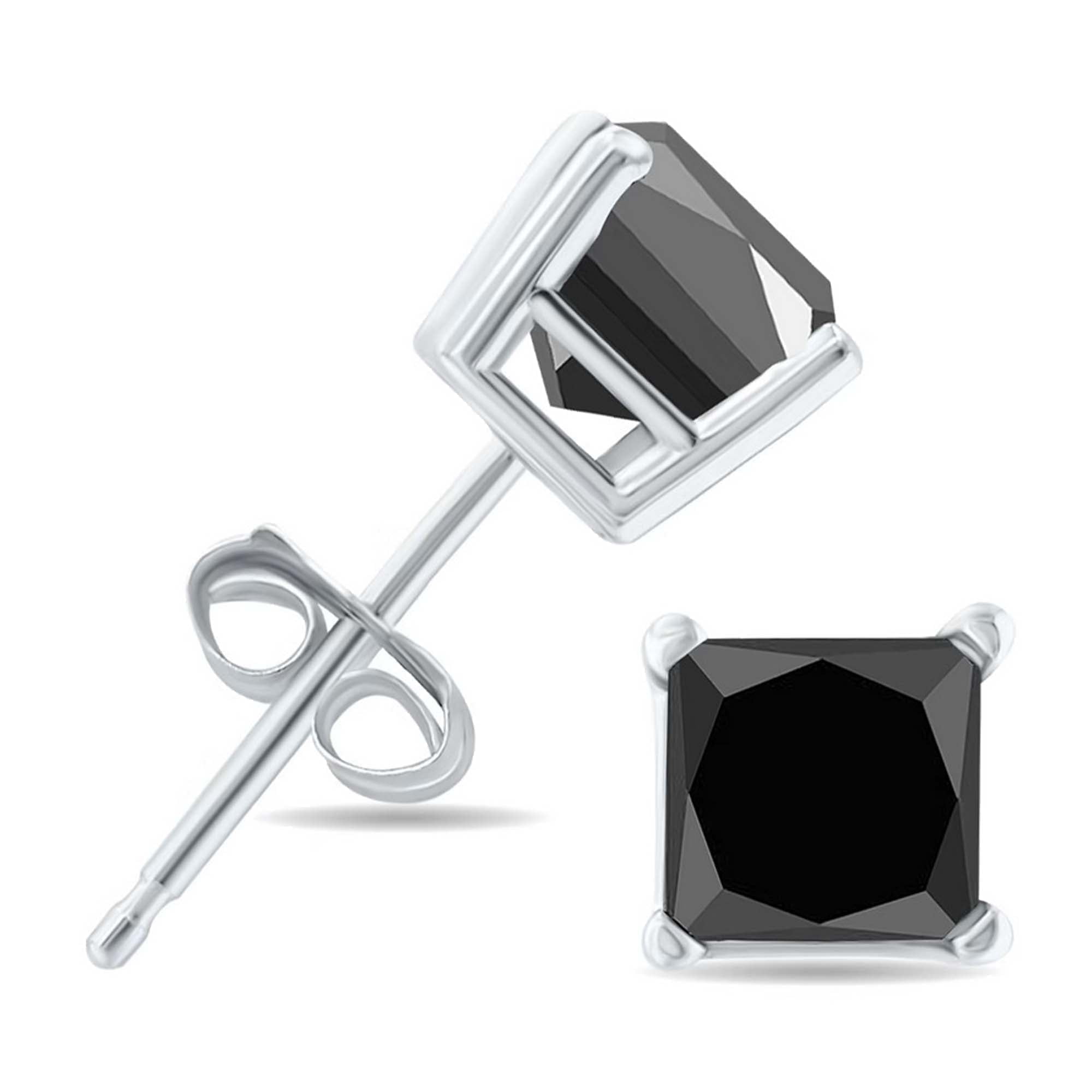 14k White Gold 1/2 Carat Black Diamond Princess Plated Stud Earrings by Paris Jewelry