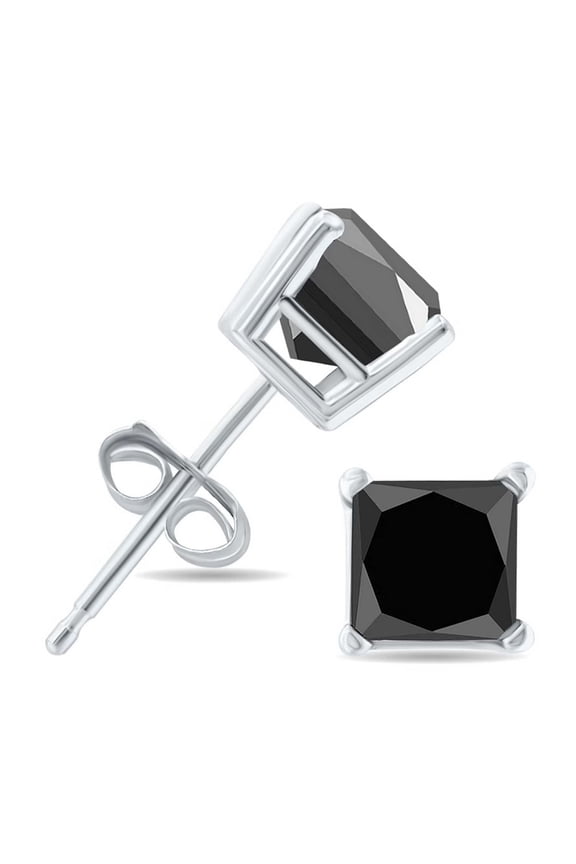 14k White Gold 1/2 Carat Black Diamond Princess Plated Stud Earrings by Paris Jewelry