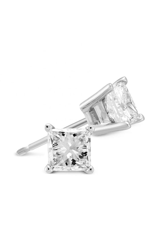 14k White Gold 1/4Ct Solitaire Princess Plated White Diamond (G-H, I1) Stud Earrings by Paris Jewelry