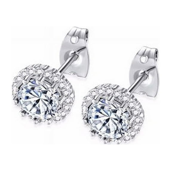 Paris Jewelry 14k White Gold 1 Ct Created Halo Round White Sapphire Stud Earrings Plated