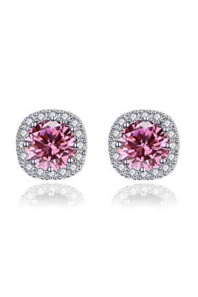 14k White Gold 1 Ct Round Created Pink Sapphire Halo Stud Earrings Plated