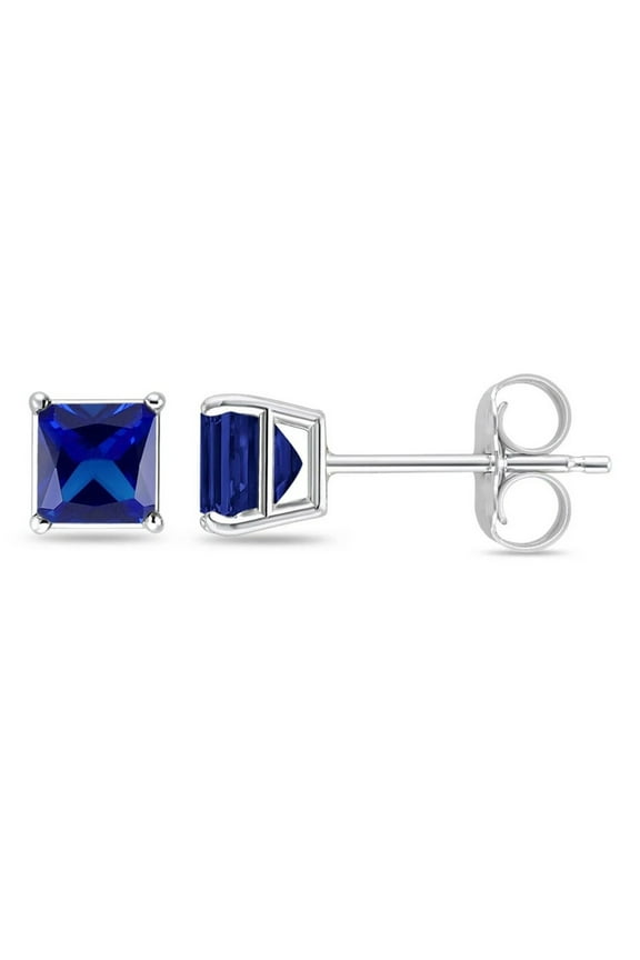14k White Gold 2 Ct Square Created Blue Sapphire Stud Earrings Plated