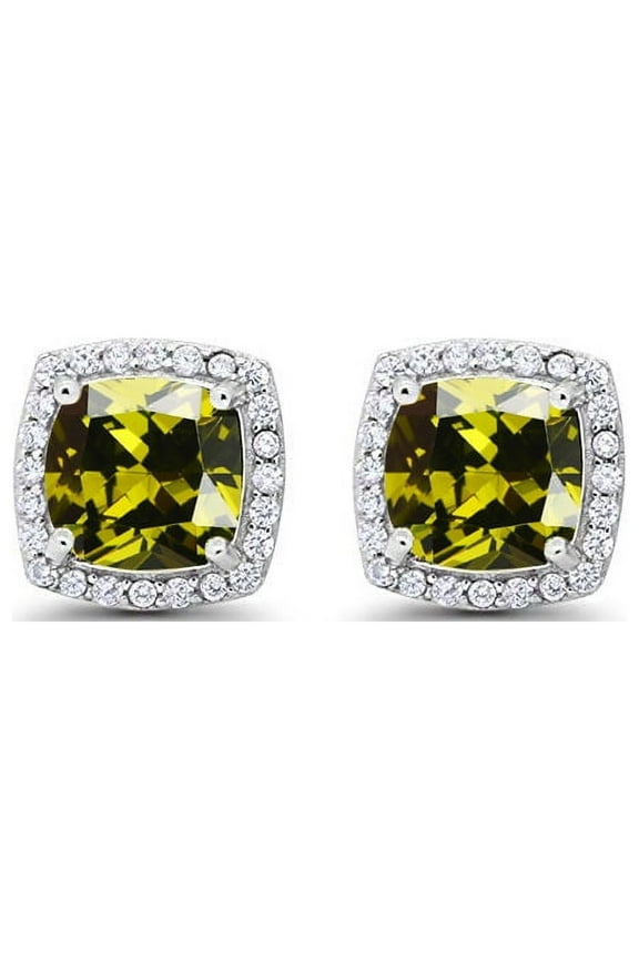 14k White Gold 3 Ct Created Halo Princess Cut Peridot Stud Earrings Plated