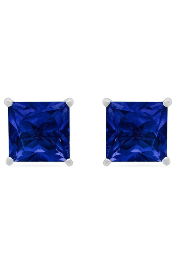 14k White Gold 3 Ct Princess Cut Created Blue Sapphire Stud Earrings Plated