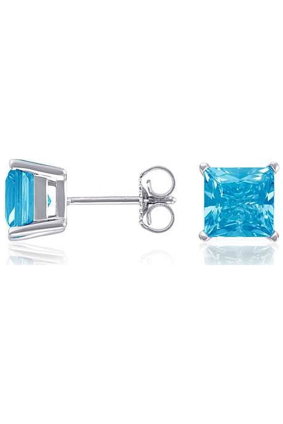 14k White Gold 3 Ct Princess Cut Blue Topaz Stud Earrings Plated by Paris Jewelry