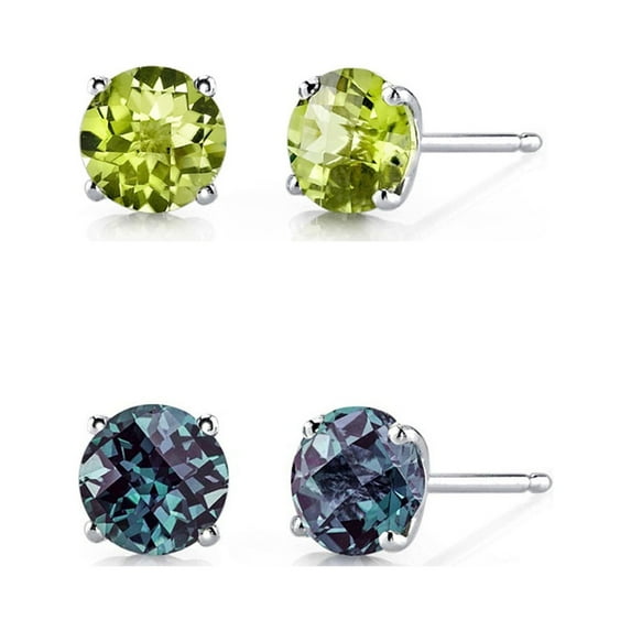 Paris Jewelry 14k White Gold 3Ct Created Peridot and Alexandrite 2 Pair Round Stud Earrings Plated