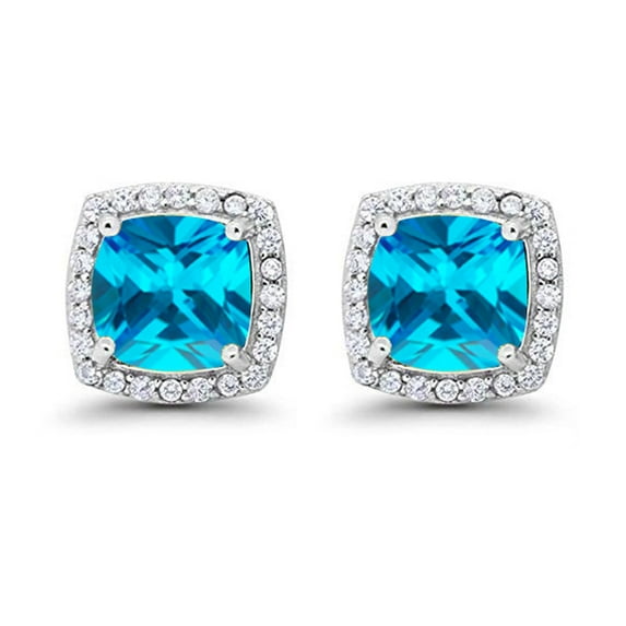 14k White Gold 4mm Halo Princess Created Blue Topaz Stud Earrings Plated by Paris Jewelry