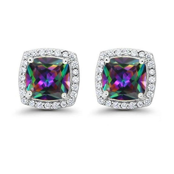 14k White Gold Halo Princess Created Mystic Stud Earrings, 4MM Plated by Paris Jewelry