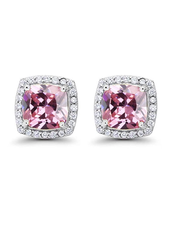 14k White Gold Halo Princess Created Pink Sapphire Stud Earrings 4MM Plated by Paris Jewelry