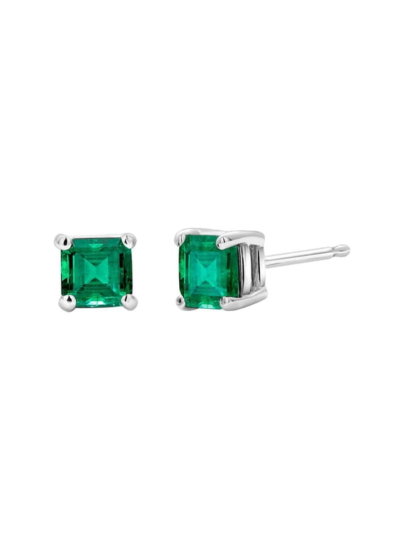 14k White Gold Plated Over Sterling Silver 1/2 Ct Square Created Emerald Stud Earrings