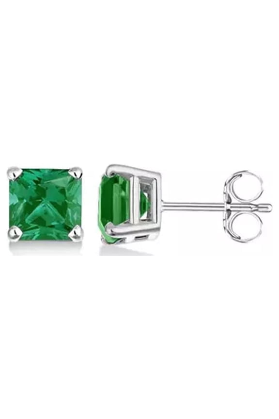 14k White Gold Plated Over Sterling Silver 3 Ct Princess Cut Created Emerald Stud Earrings