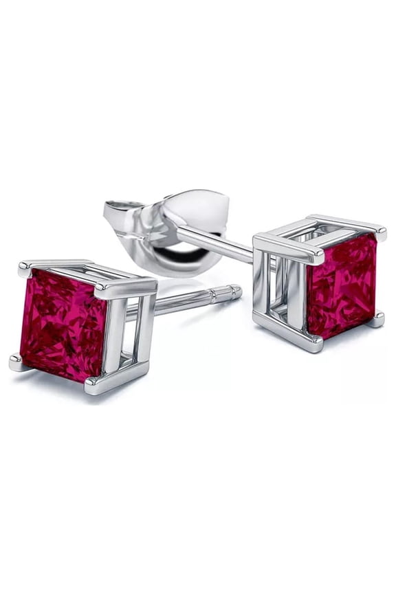 Paris Jewelry 14k White Gold Plated Over Sterling Silver 3 Ct Princess Cut Created Ruby Stud Earrings