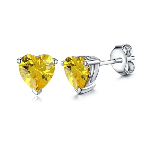 14k White Gold Push Back Heart Created Yellow Sapphire Stud Earrings 4MM Plated by Paris Jewelry
