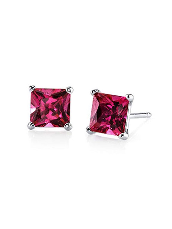 14k White Gold Push Back Princess Created Ruby Sapphire Stud Earrings 3MM Plated by Paris Jewelry