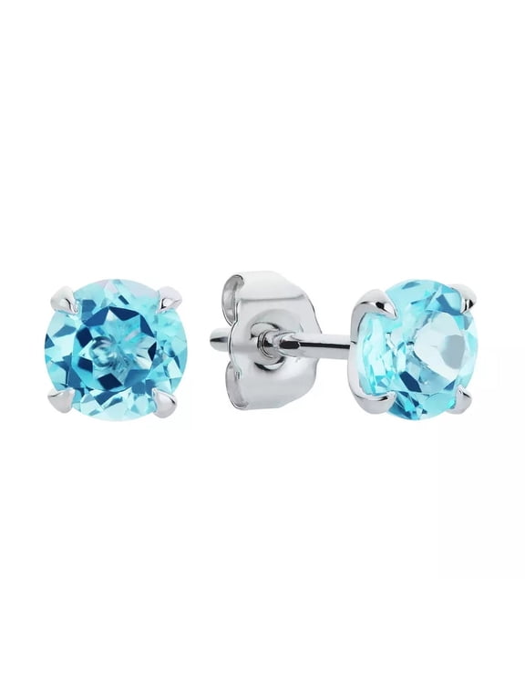 14k White Gold Push Back Round Created Blue Topaz Stud Earrings 4MM Women Plated by Paris Jewelry