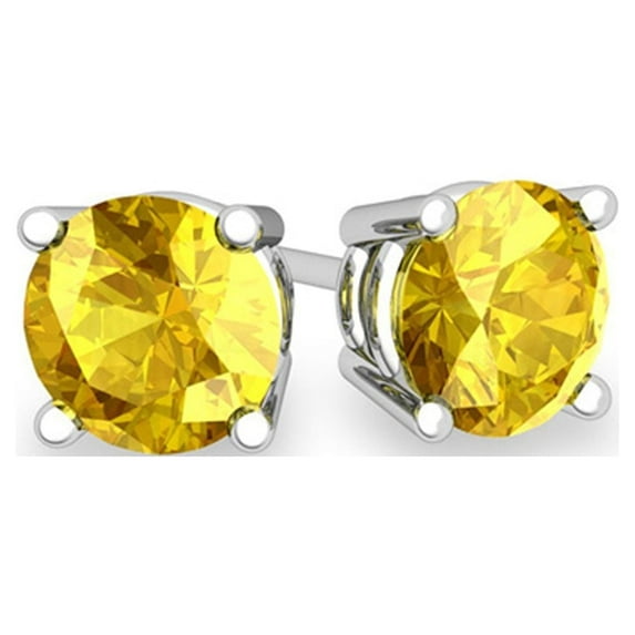 14k White Gold 4mm Round Plated Yellow Sapphire Stud Earrings by Paris Jewelry