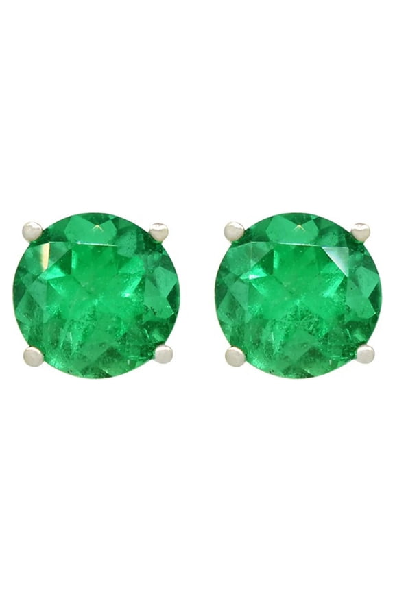 14k White Gold Round Emerald Stud Earrings, 4MM Plated by Paris Jewelry